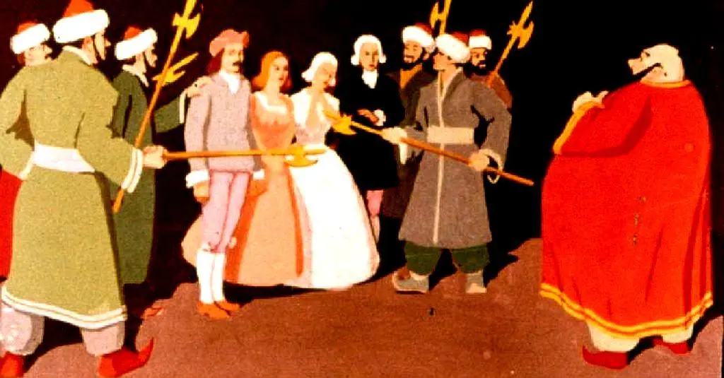 O scenă animată cu mai mulți bărbați și femei îmbrăcați în costume tradiționale, interacționând într-un cadru colorat.