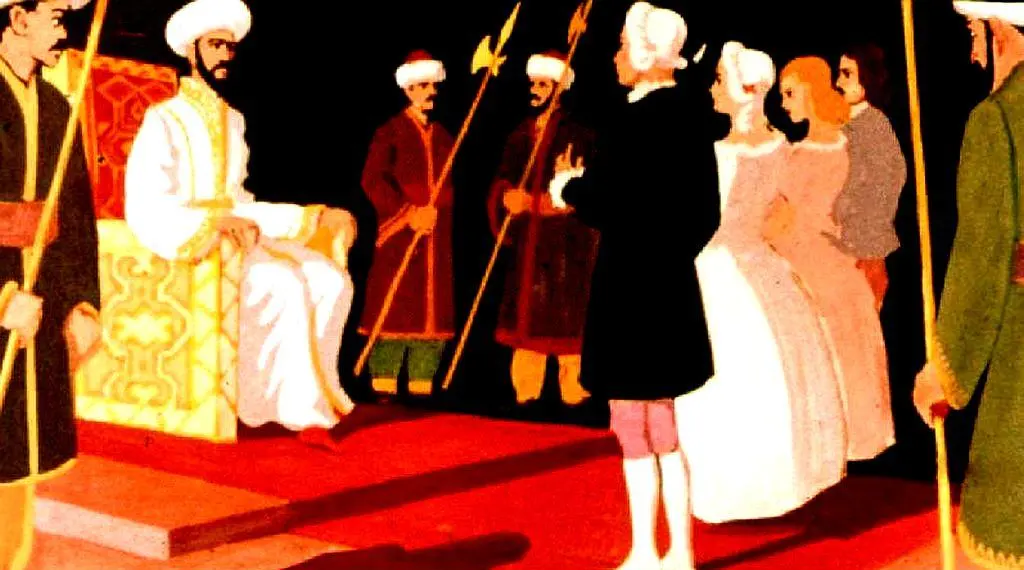 Ilustrație care arată o scenă istorică cu mai multe figuri în costume tradiționale, unele cu arme, în fața unui lider într-un palat.