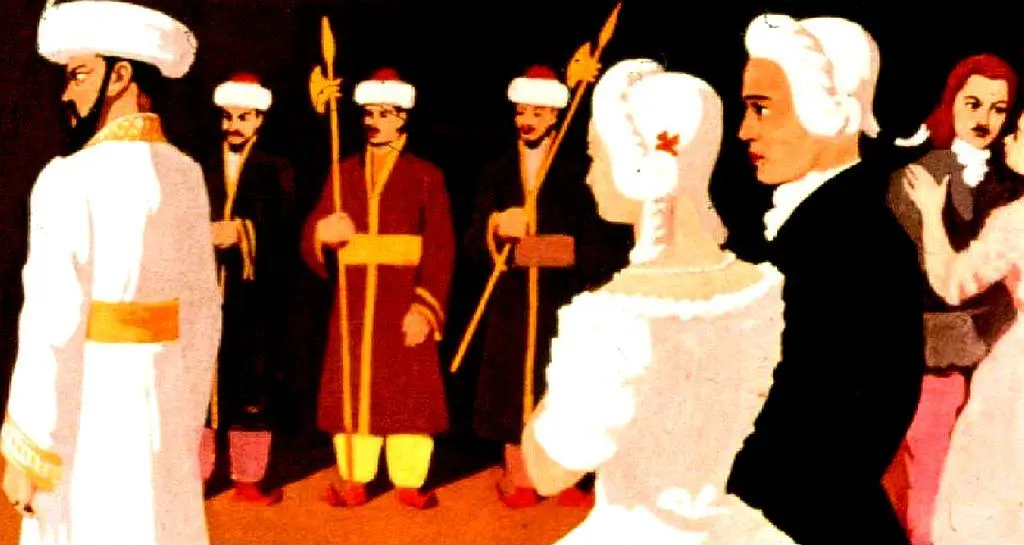 O ilustrație colorată care prezintă mai multe personaje în costume tradiționale, inclusiv un bărbat cu o pălărie albă, o femeie într-o rochie albă, și alți bărbați îmbrăcați în haine tradiționale, stând în fundal cu sulițe.