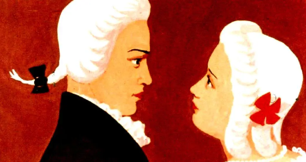 O ilustrație în care se observă două fețe, un bărbat și o femeie, privindu-se unul pe altul, pe un fundal roșu.