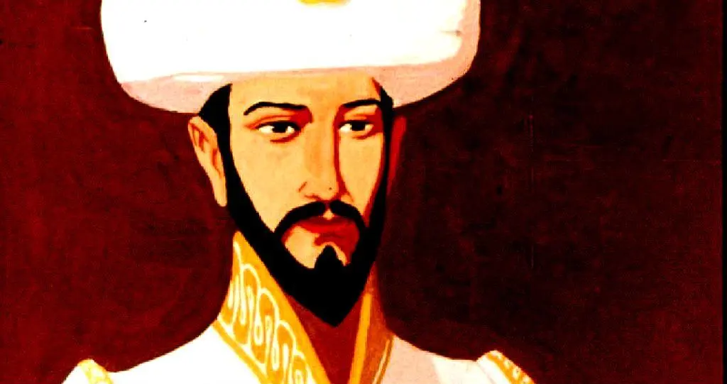 Un portret al unui bărbat cu un turbant alb și o haină decorată, având o expresie serioasă pe față, pe un fundal de culoare închisă.