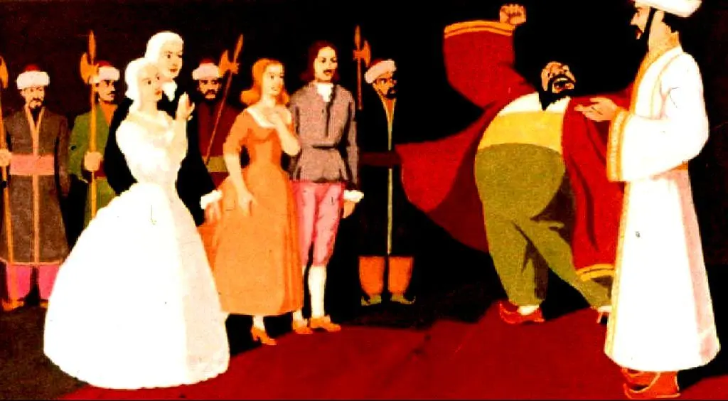 Ilustrație cu un grup de personaje vestite în costume istorice, în fața unei scene animate.