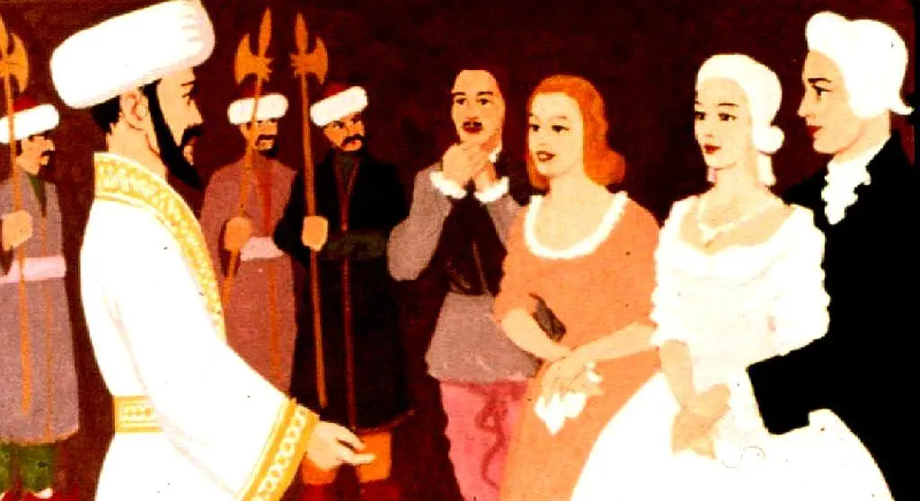 O scenă ilustrată cu o persoană îmbrăcată în haine tradiționale, interacționând cu patru figuri de sex feminin, fiecare purtând ținute diferite, într-un decor cu soldați în fundal.