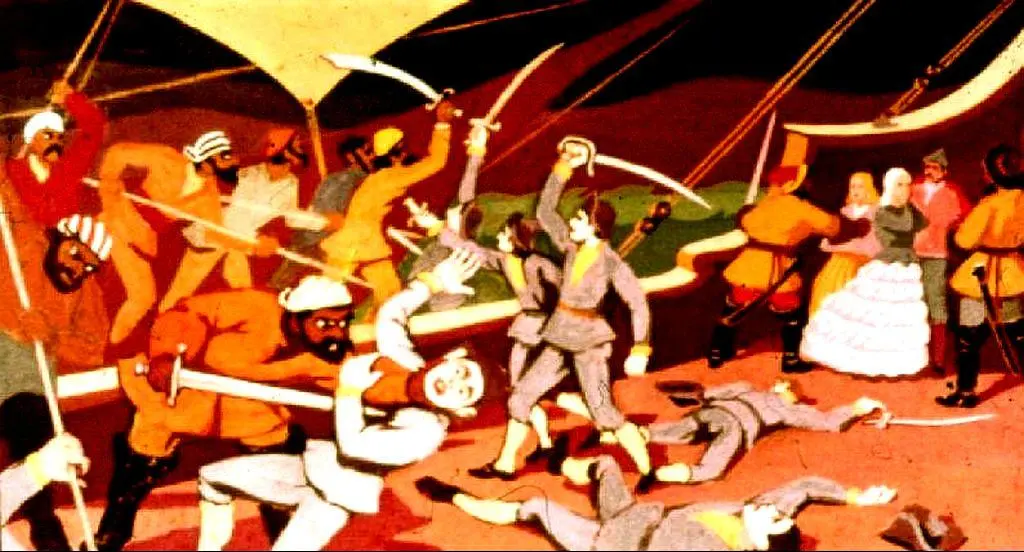 Ilustrație vibrantă care prezintă o scenă de conflict cu oameni în diverse costume, folosind arme, și o petrecere de nuntă în fundal.