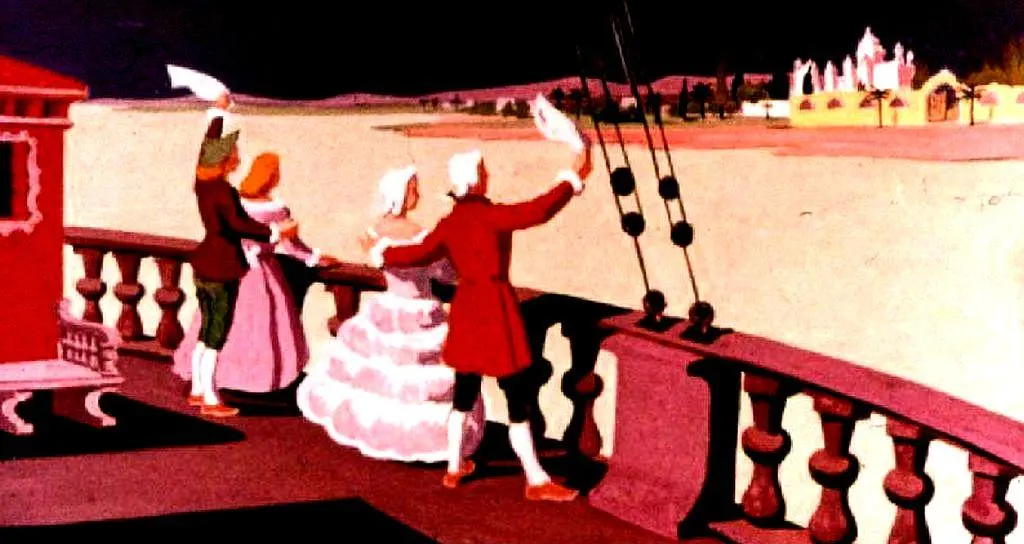 Ilustrație colorată a trei personaje pe o punte, salutând un peisaj de fundal cu un oraș la distanță.