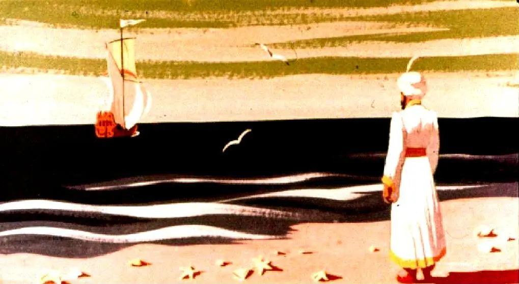 O ilustrație care arată o persoană în haine tradiționale, stând pe plajă și privind spre mare, unde se află o barcă cu vele.