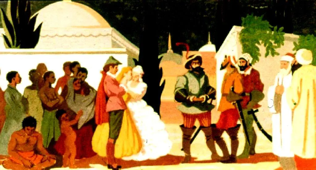 O scenă artistică cu oameni îmbrăcați în costume istorice, inclusiv o mireasă în rochie albă și soldați cu arme, într-un peisaj cu clădiri și vegetație.