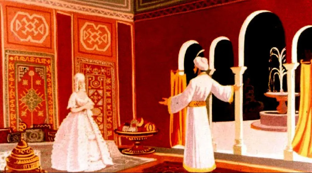 Ilustrație cu o scenă dintr-o încăpere decorată exotic, în care o femeie în rochie albă stă lângă un bărbat îmbrăcat în costume tradiționale, cu un fontan în fundal.