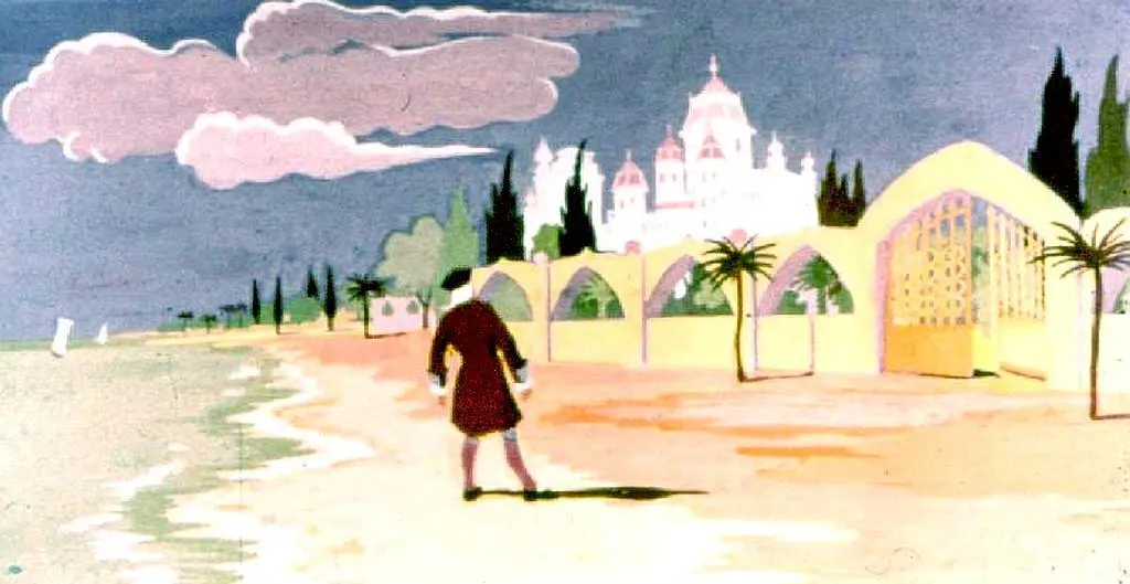 Ilustrație artistică care prezintă o plajă cu un om în prim-plan și un peisaj de fundal cu clădiri și palmieri.