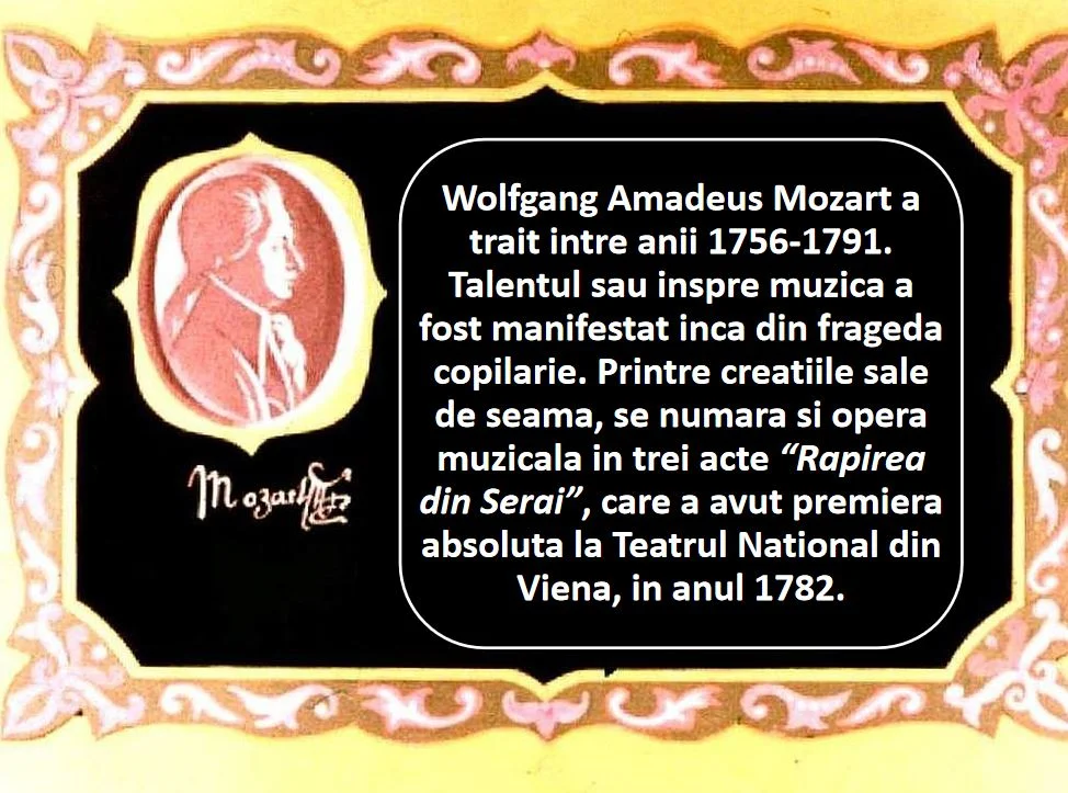 Imaginea prezinta un text despre Wolfgang Amadeus Mozart, incluzand date despre viata si operele sale.