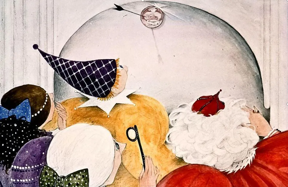 O ilustrație care arată patru personaje uitându-se spre un glob transparent, unul dintre ele purtând o pălărie cu puncte, iar altul având păr alb și o mantie roșie.