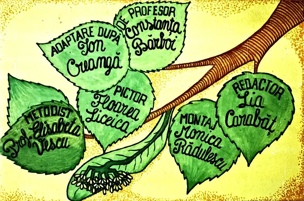 Imagine colorată cu frunze care conțin numele unor autori și profesori, pe un fond galben.