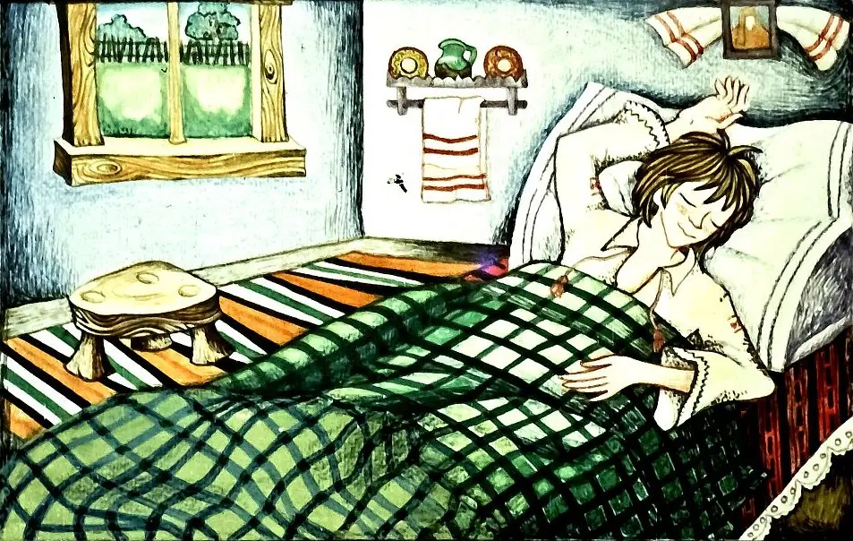 Iată o ilustrație cu o persoană care doarme în pat, cu un peisaj de dimineață; un text deasupra descrie cum mama o trezește.