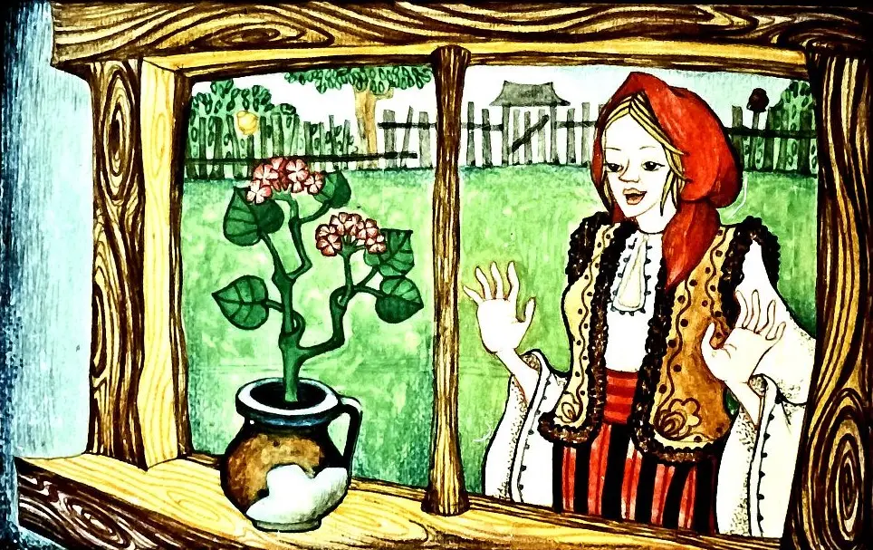 Ilustrație cu un copil care stă pe o ramură de copac și un alt personaj, cu text în partea de jos care descrie o acțiune.