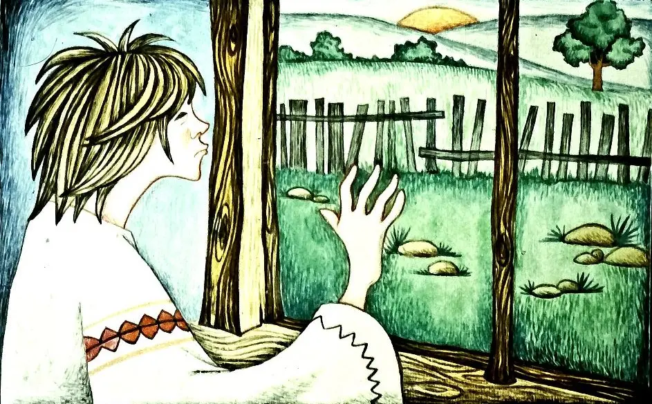 Ilustrație cu o persoană privind pe fereastră către un peisaj de vară, cu un text descriptiv la baza imaginii.