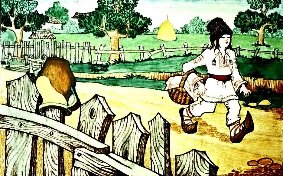 Imagine ilustrativă cu un personaj îmbrăcat în costume tradiționale, mergând pe un drum de țară, înconjurat de natură.