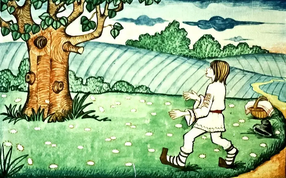 Ilustrație cu un copac și o persoană care se îndreaptă spre el, având text asociat despre un sentiment de ciudă.