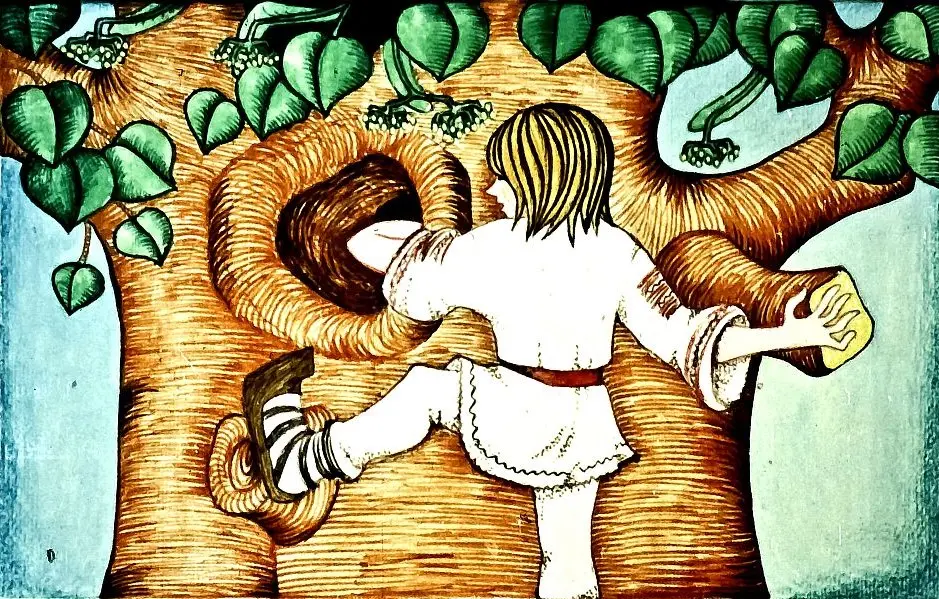 Ilustrație cu un copil care se urcă într-un copac, cu un text descriptiv despre mirosul florilor.