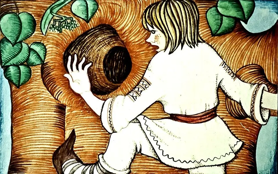 Ilustrație cu un caracter care interacționează cu natura, cu un text literar care descrie o experiență.