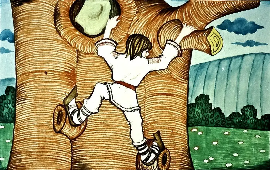 Ilustrație a unei persoane care urcă pe un copac, cu text descriptiv la bază.