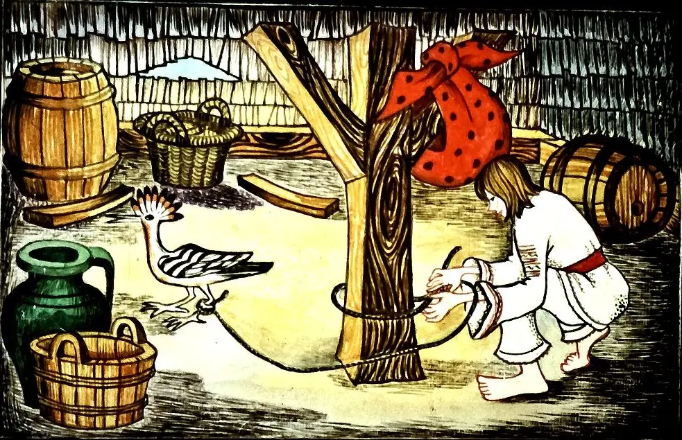 Imagine ilustrativă cu un personaj legând o păpușă de picior cu o ață într-un spațiu rustic, cu obiecte de uz casnic în jur.