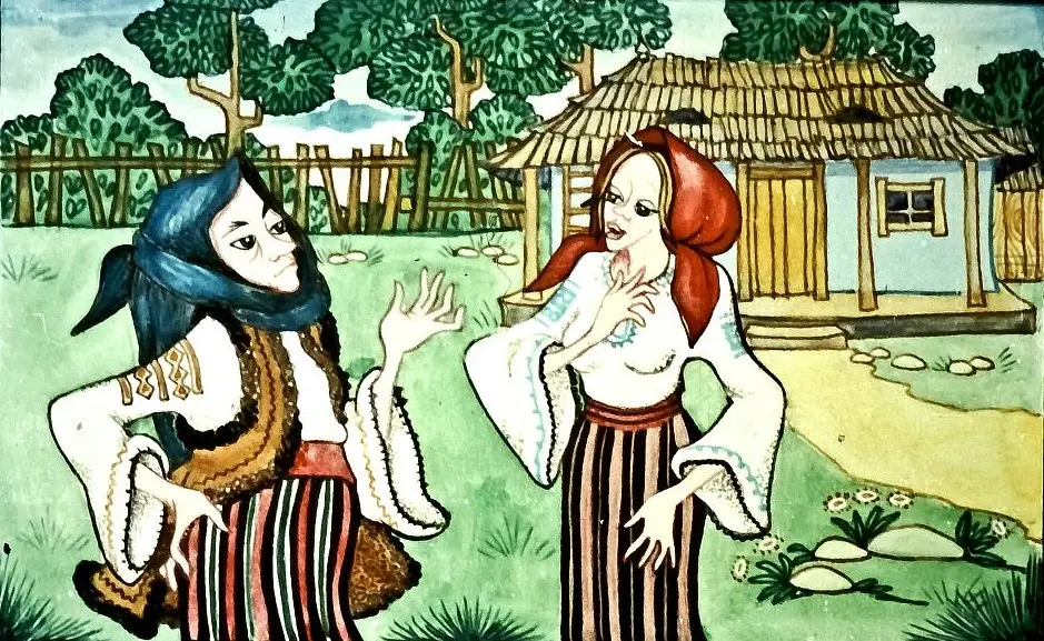 Două personaje feminine, îmbrăcate în costume tradiționale, discută într-un peisaj rural, în fața unei case.