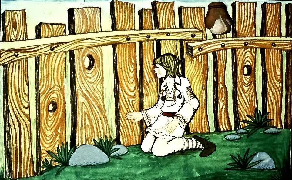 Ilustrație cu un copil ghemuit lângă un gard, contemplând piatra și iarba din jur.
