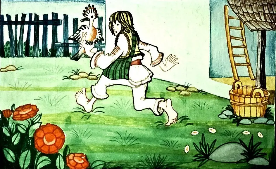 Ilustrație colorată cu un personaj alergând cu o păsărele în brațe, înconjurat de flori și elemente de peisaj.