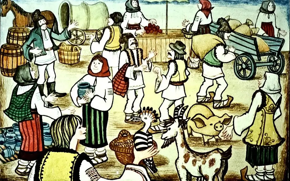 Ilustrație colorată cu oameni la un iarmaroc, interacționând și purtând diferite obiecte.