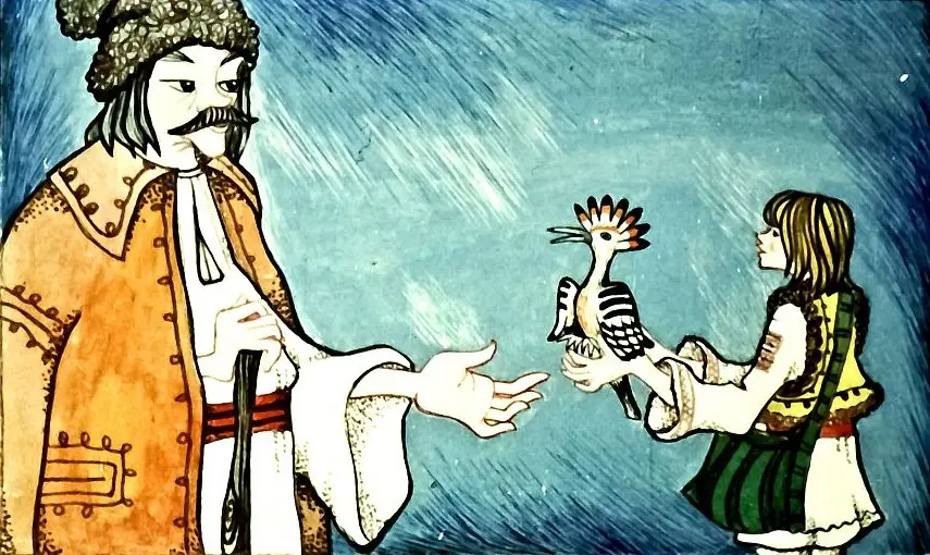 Ilustrație cu dialog între doi personaje despre o găină de vânzare.