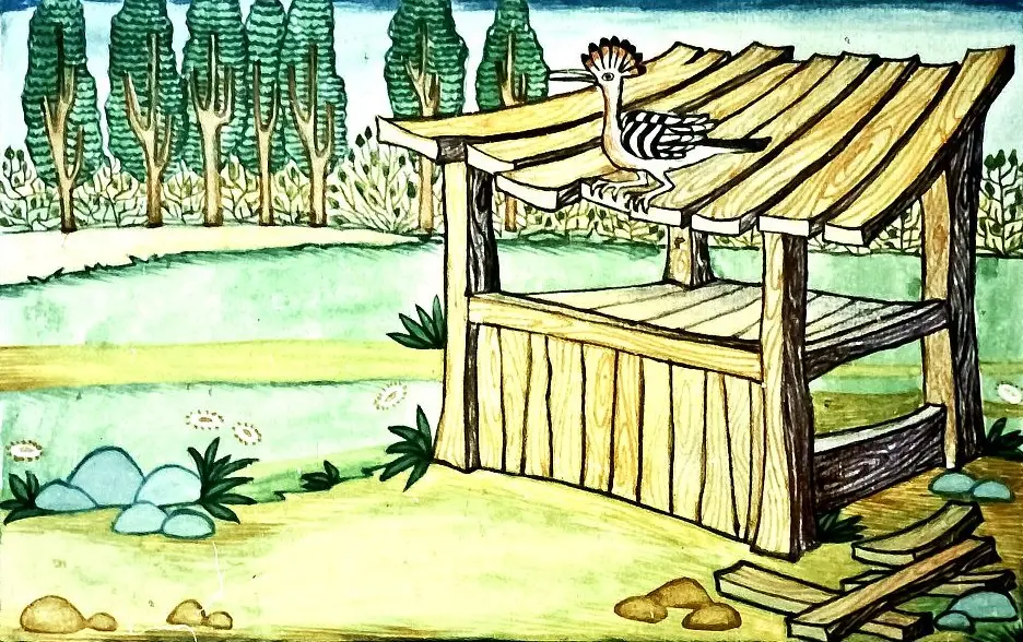 Ilustrație cu o păsărească pe o dugheană și un peisaj natural, cu text descriptiv.