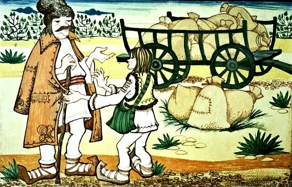 Ilustrație cu două personaje în dialog, pe fundalul unui peisaj rural cu o roată de car prin apropiere.