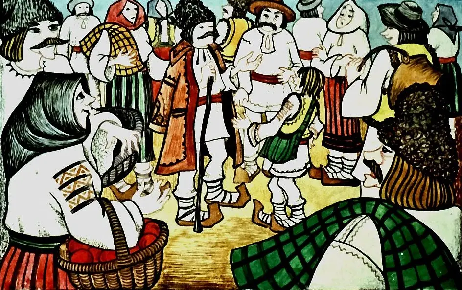 Ilustrație cu oameni îmbrăcați în costume tradiționale care se adună într-un cadru festiv.