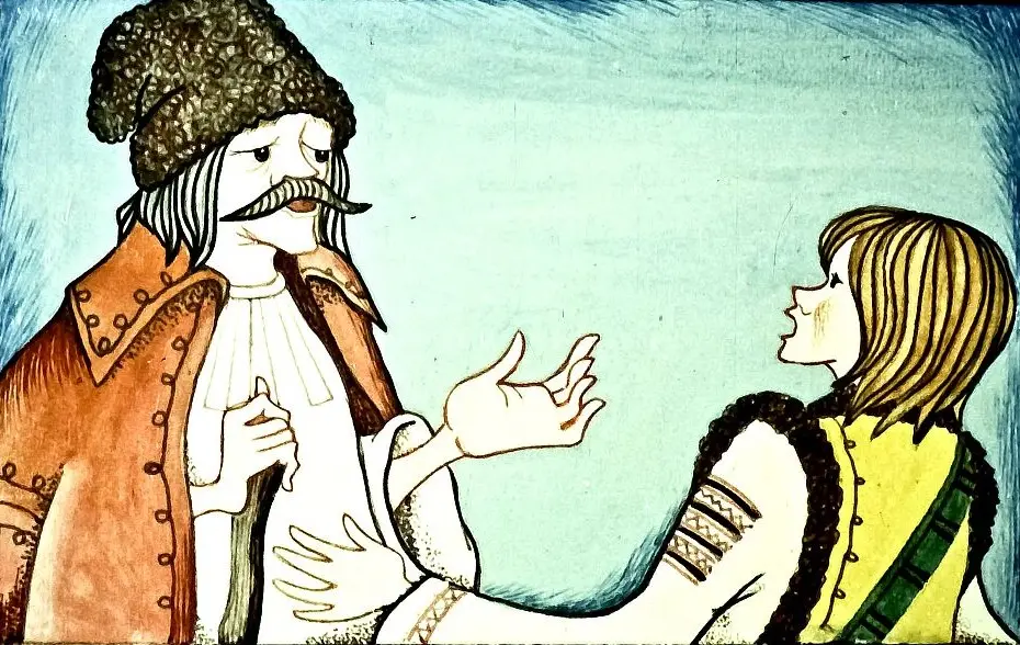 Ilustrație cu două personaje în discuție, unul cu pălărie și mustață, altul cu părul lung, într-un cadru colorat.