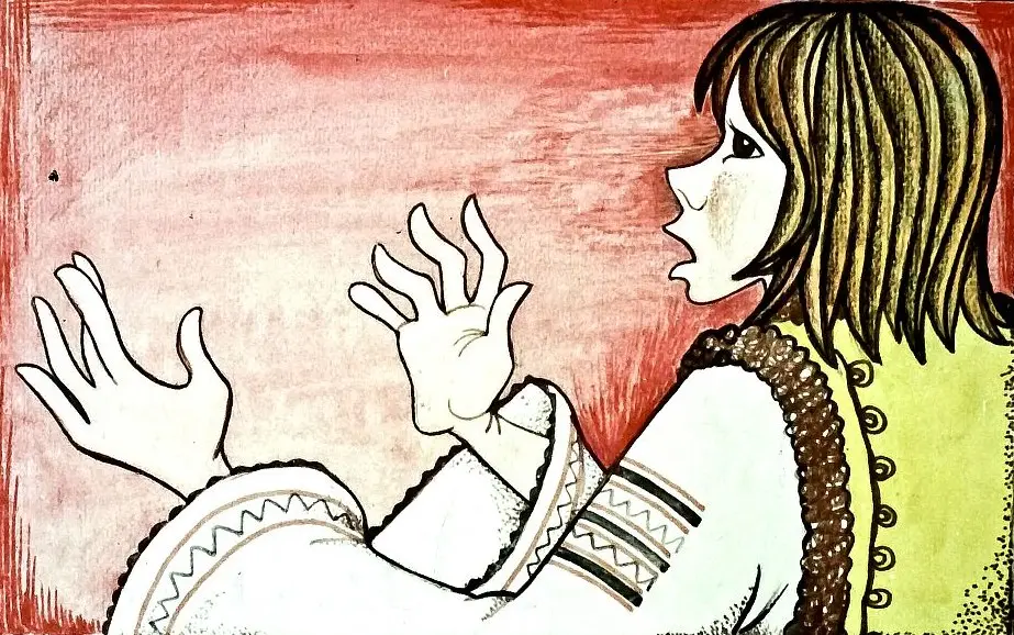 O ilustrație artistică cu un personaj care vorbește, având expresia mirată, cu un fundal colorat.