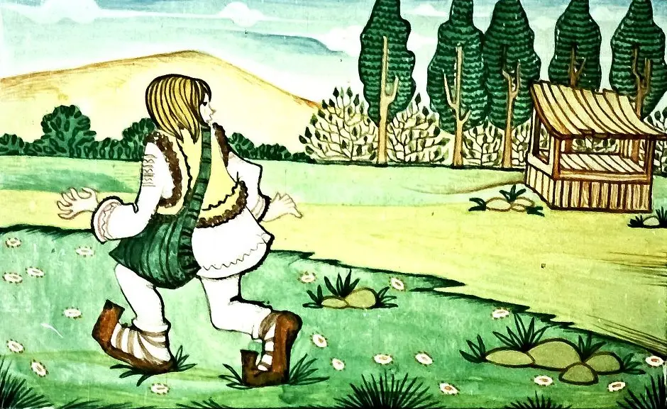 Ilustrație cu un personaj care fuge printr-un peisaj, cu text scris pe un fundal întunecat.