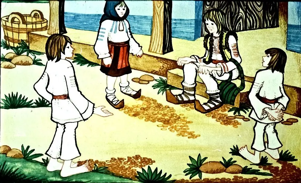 Ilustrație colorată cu patru personaje care discută în natură, cu text în partea de jos.