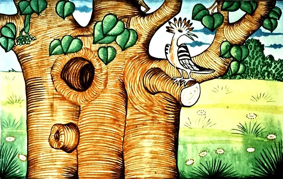 Ilustrație cu un copac și o pasăre care cântă, având textul: „Și cum îmi spuneau ei îngrijiți, numai ce și auzim cântând în teiu: „Pu-pu-pup! Pu-pu-pup! Pu-pu-pup!”