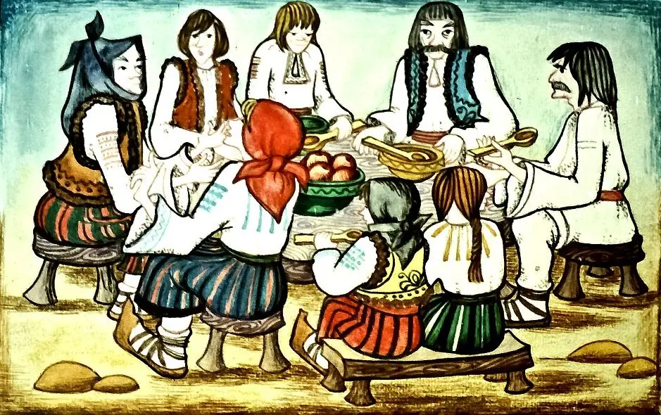 Ilustrație care prezintă o masă comunitară, cu mai mulți oameni adunați, în stil artistic tradițional.