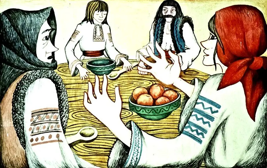 Ilustrație care arată un grup de personaje într-o scenă de poveste, discutând la o masă.