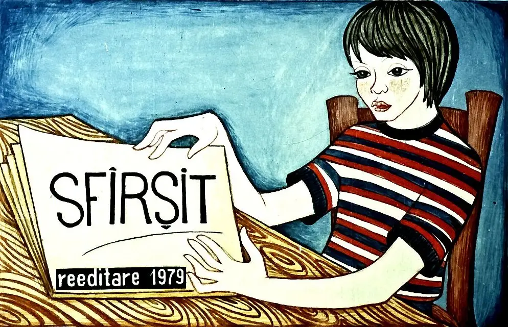 Ilustrație cu un copil purtând un tricou cu dungi, ținând într-o mână un tablou cu textul 'SFÂRȘIT' și 'reeditare 1979' pe o masă de lemn.