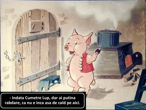 Imaginea arată un cârciumar porcușor care vorbește cu un lup la ușă, prezentând un interior rustic.