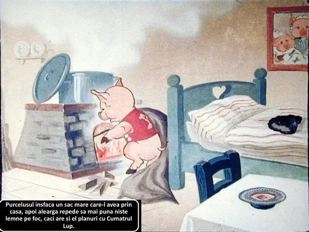 Ilustrație cu un purcel care adaugă lemne în sobă, în timp ce coordonatele unei camere sunt vizibile, inclusiv un pat și o masă.