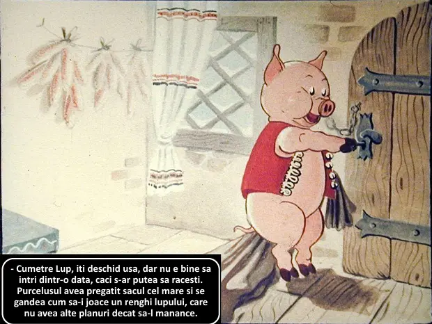 Ilustratie animata cu un purcel care deschide usa, insotita de un text despre intentiile lupului.