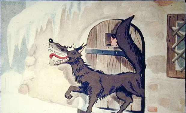 Ilustrație cu un lup care interacționează cu un purcel, cu un text explicativ despre conversația lor.