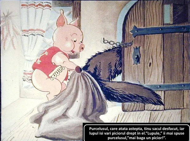 Ilustrație cu un purcel care ține un sac deschis și un lup care își bagă piciorul în el.