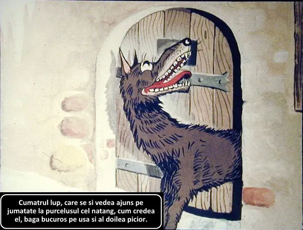 Un lup cu un zâmbet larg, ieșind pe ușa unei cabane vechi, înfățișând o scenă comică.