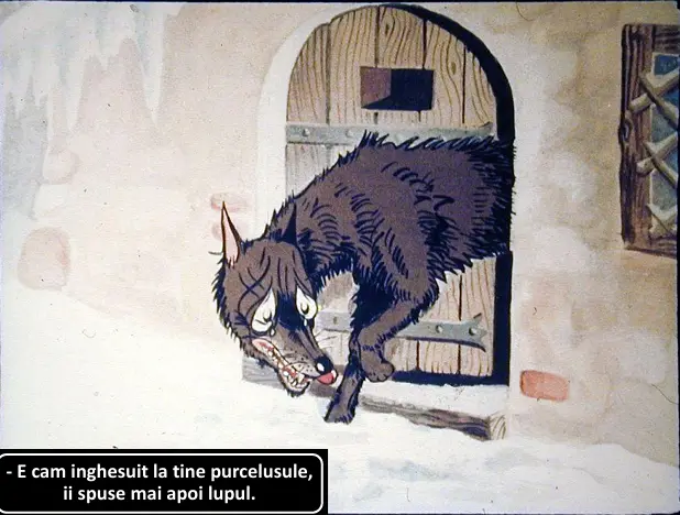 Un lup iese dintr-o magazie, exclamand o frază despre purcelușe.