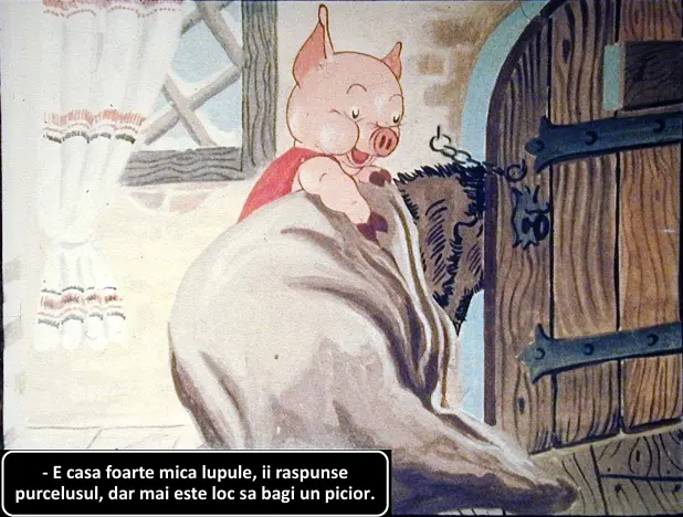 Ilustrație cu un purcel care vorbește despre o casă mică, cu text descriptiv în partea de jos.