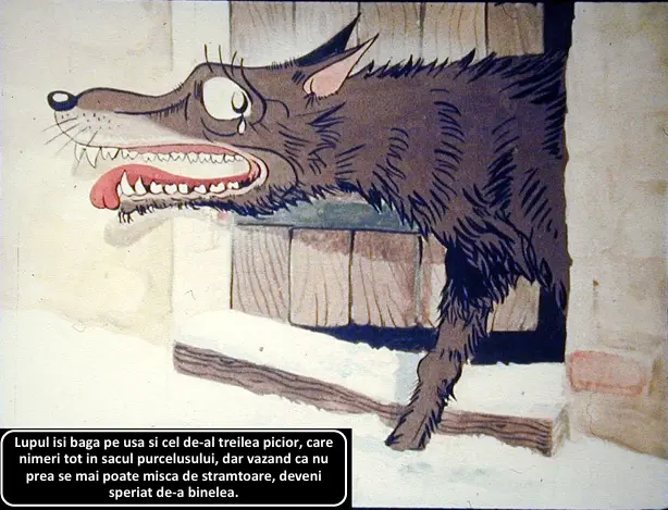 Desen animat cu un lup speriat care incearca sa intre printr-o usa, avand un picior blocat intr-un sac.